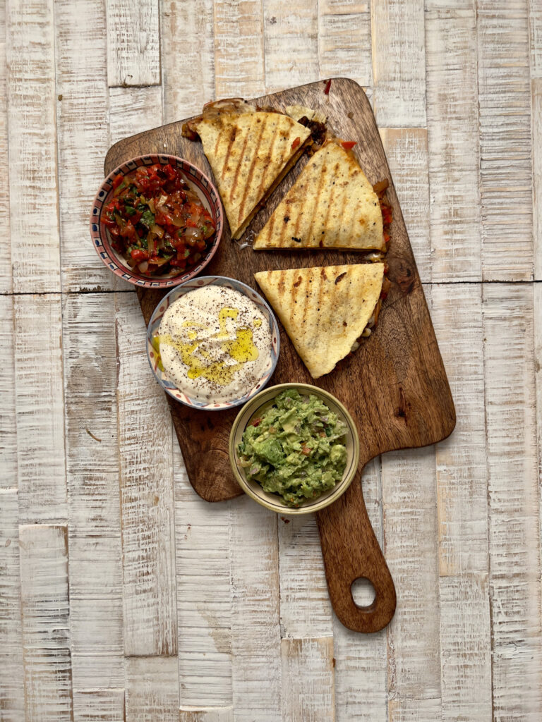 Grilled Vegan Chicken Quesadilla with dips top angle
