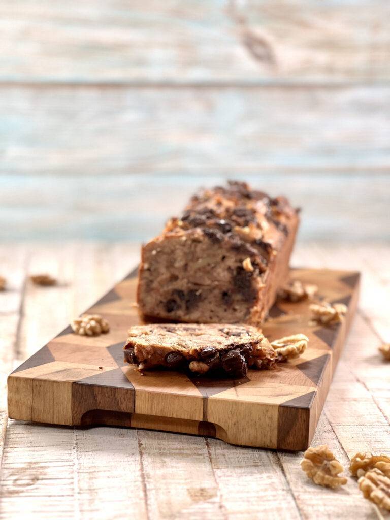 Frontal View of Vegan banana Bread on a wooden board