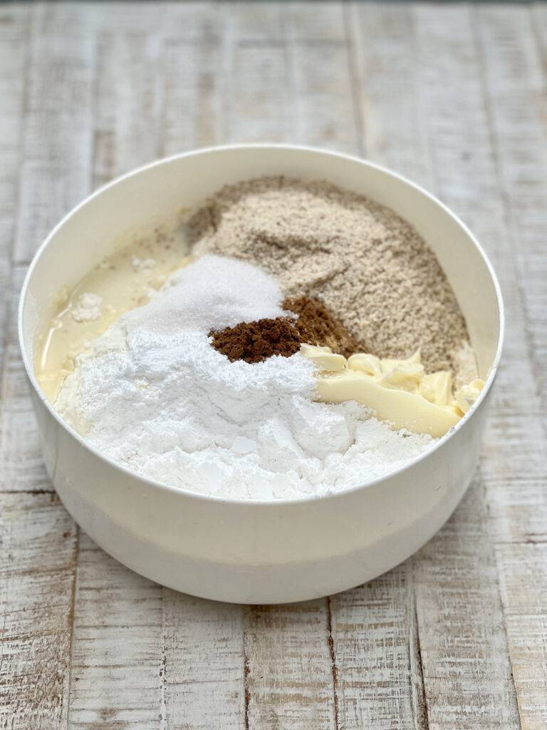 Ingredients for vegan shortbread dough in a mixing bowl