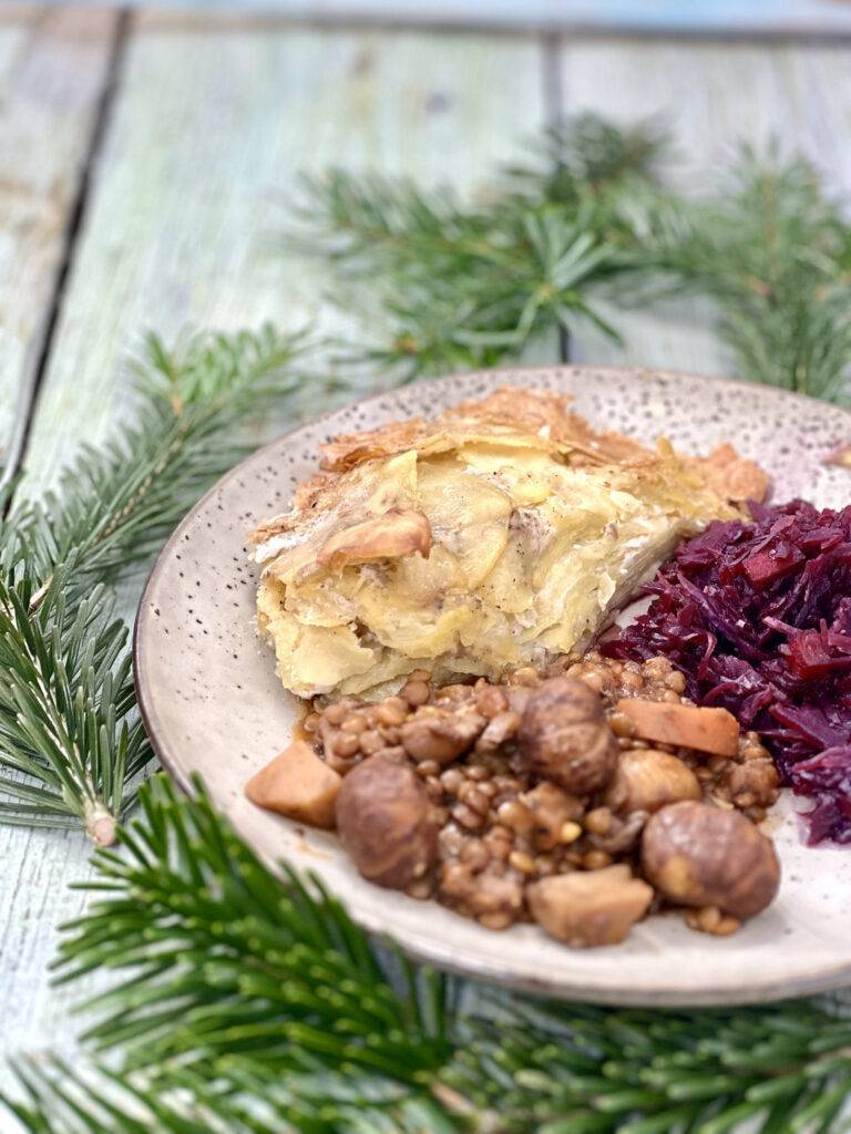 Vegan potatoes au gratin with stew and braised red cabbage on a grey plate decorateed with fir needles