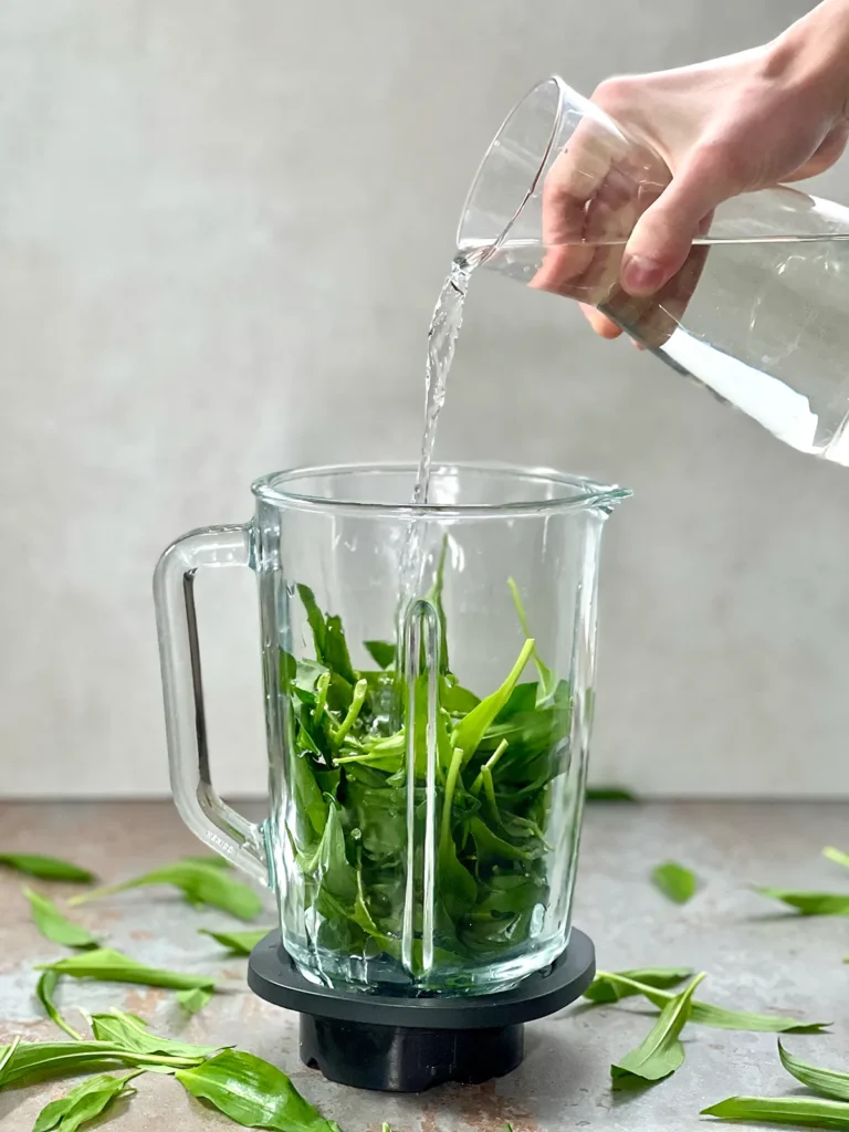 Wild garlic leaves packed in a standing blender. Water is being poured on the wild garlic from a carafe