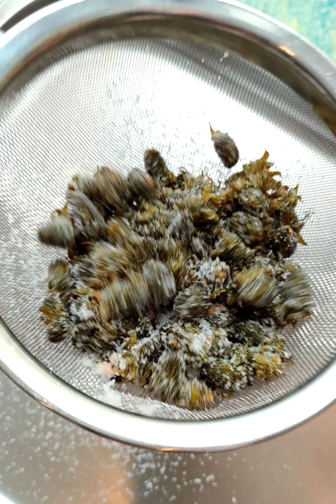 Shake off excess salt from the dandelion buds in a sieve.