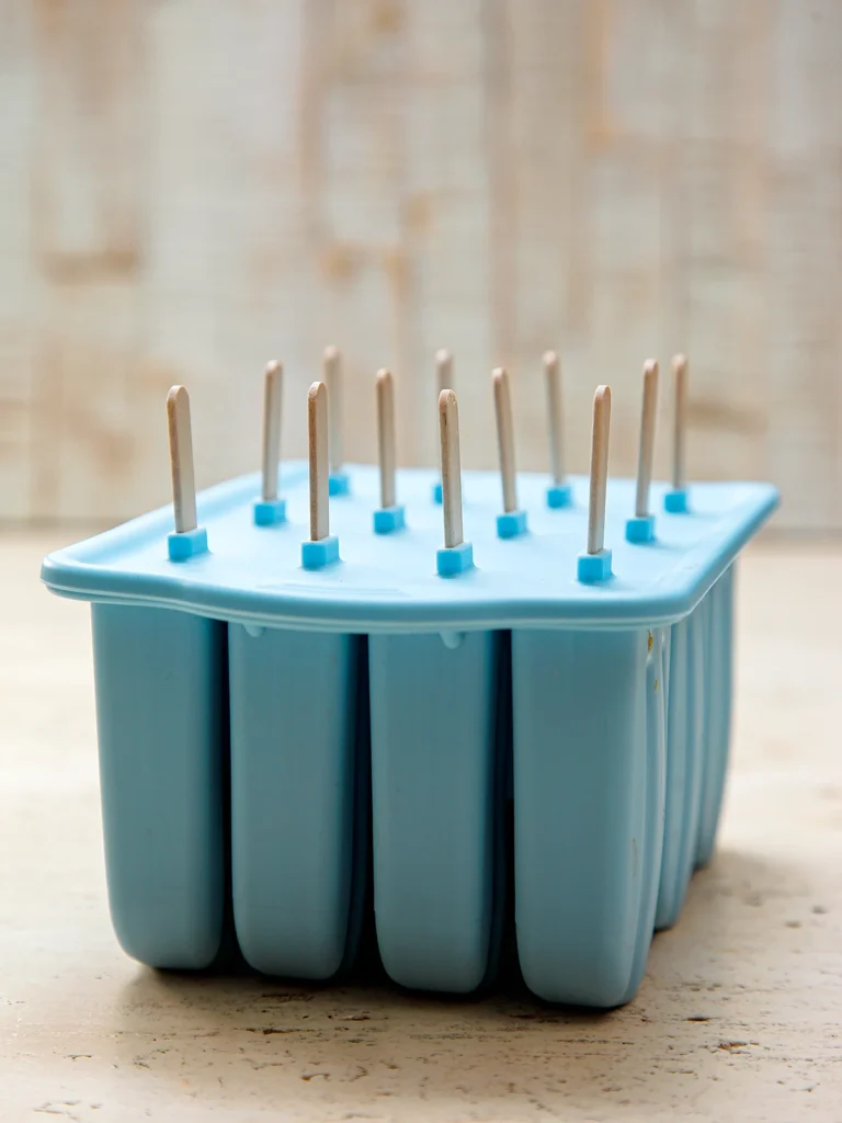 Chocolate mixture in popsicle mold, closed with lid, with wooden sticks.