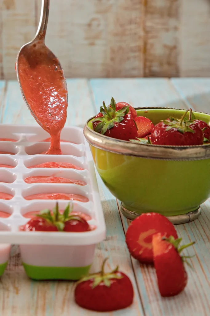 An ice cube mold is filled by a spoon with fruit puree. Next to the mold stands a green bowl with strawberry cuttings, some of the cuttings are lying in the foreground.