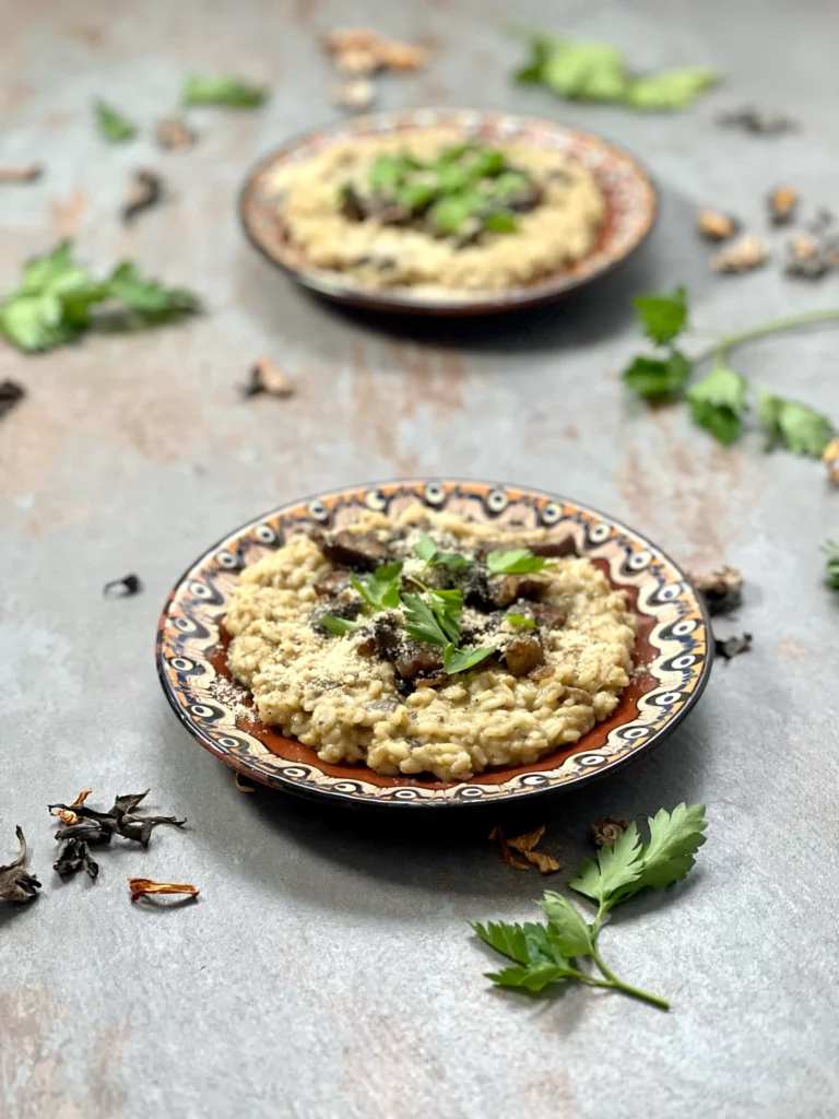 Two plates with vegan mushroom risotto, garnished with parsley and with dried wild mushrooms scattered around them