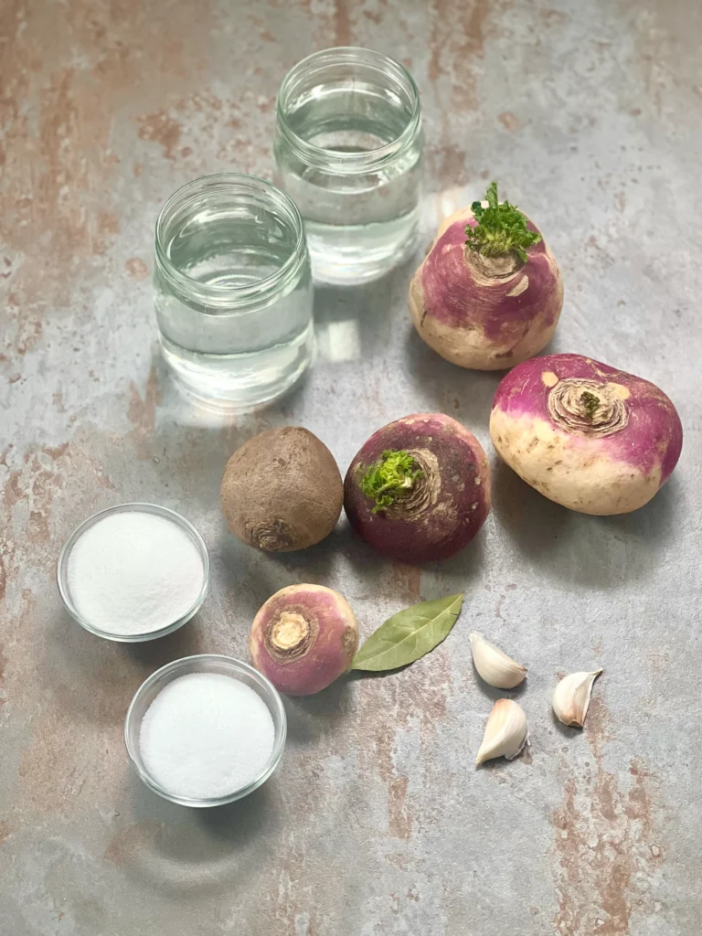 Ingredients for Pickled Turnips  (turnips, beets, garlic, bay leaves, sugar, salt, white wine vinegar, water)