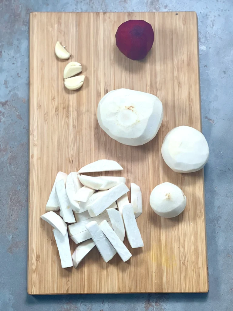 Ingredients prepared for pickling (everything is peeled and a turnip is cut)