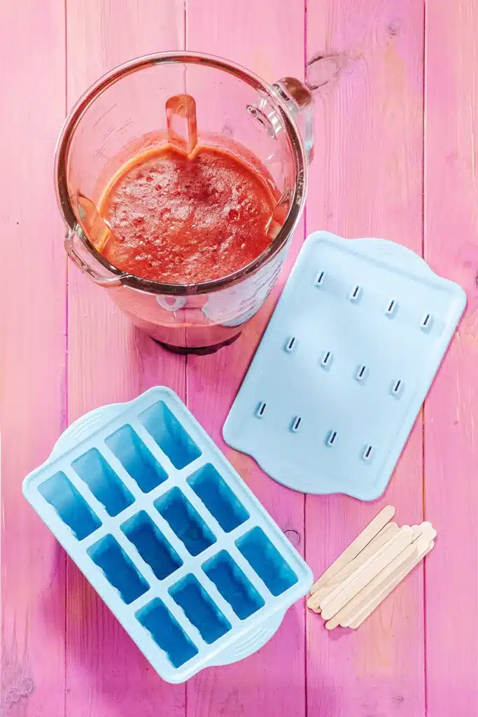 The silikon popsicle mold is ready to be filled. The lid lies behind. In the foreground are wooden posicle sticks. Behind the mold stands the glass jug of the blender with the ready blended plum fruit mixture.