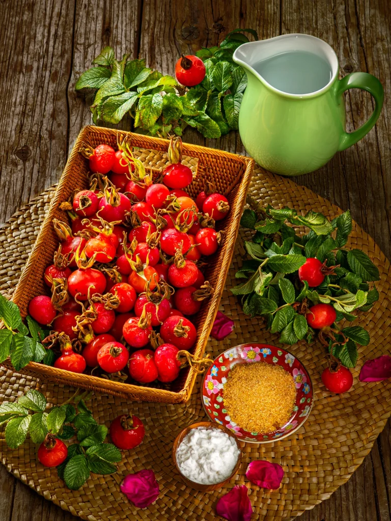 On a wooden base is a raffia mat on which stands a rectangular flat basket full of fresh rose hip fruit. Behind it is a green jug filled with water. In front of it are two bowls, one with a floral pattern containing brown sugar, a smaller wooden bowl with starch. All around are rose hip branches, rose hip fruits and some rose hip petals.