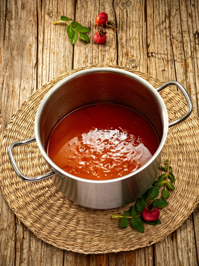 A raffia mat lies on a wooden base, with a stainless steel pot on top. The finished Rose Hip Soup is in the pot. Some rose hip twigs and rose hip fruits lie around the pot.