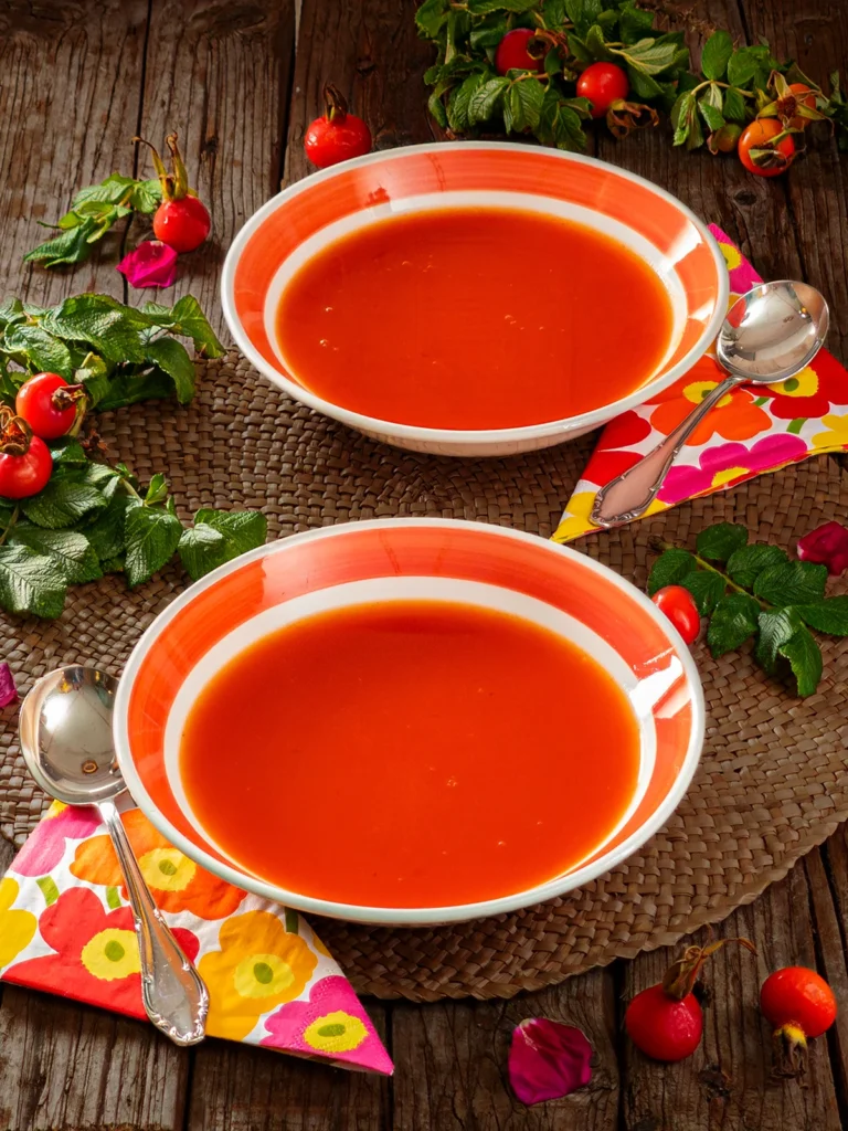 On a wooden base, there is a raffia mat on which two soup plates are placed. The plates are filled with Rose Hip Soup. Next to the plates are napkins with a floral pattern and a silver soup spoon. Rose hip twigs and rose hip fruits lie around the soup plates.