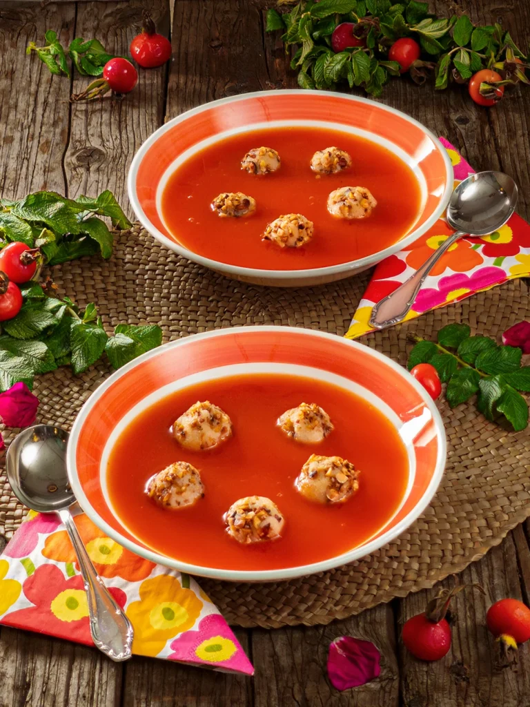 On a wooden base, there is a raffia mat on which two soup plates are placed. The plates are filled with Rose Hip Soup. Five semolina dumplings with roasted hazelnuts are floating in each soup. Next to the plates are napkins with a floral pattern and a silver soup spoon. Rose hip twigs and rose hip fruits lie around the soup plates.