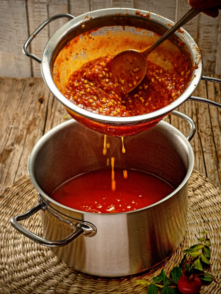 A raffia mat lies on a wooden base with a stainless steel pot on top. The pot contains Rose Hip Soup. A sieve is held over the pot and a spoon passes the cooked rose hips through the sieve, in which many seeds remain. A rose hip branch and a rose hip fruit lie in front of the pot.