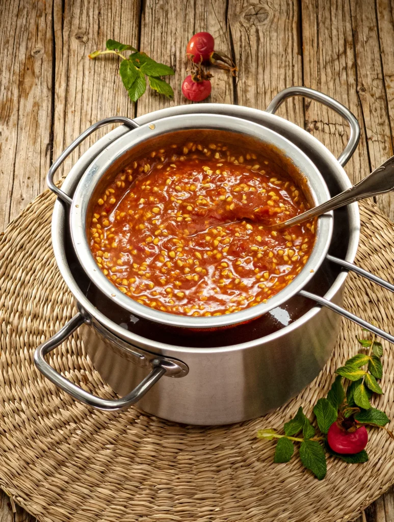 A raffia mat lies on a wooden base with a stainless steel pot on top. The pot contains Rose Hip Soup. A sieve lies on the pot and a silver spoon passes the cooked rose hips through the sieve, in which many seeds remain. A rose hip branch and a rose hip fruit lie in front of the pot.