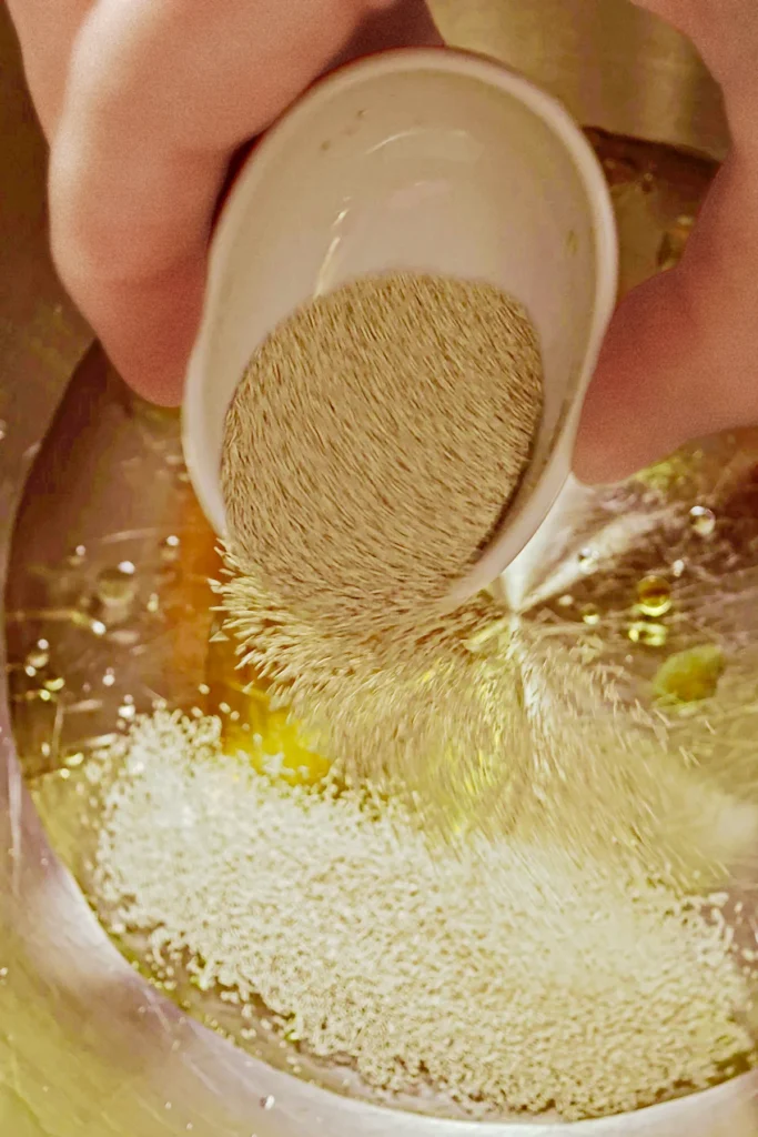 Pour dry yeast from a white bowl into the stainless steel bowl with water and olive oil.