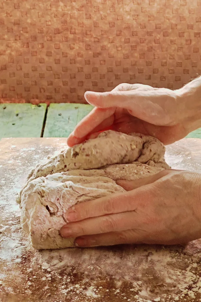 Two hands knead the chestnut bread dough vigorously on a wooden cutting board.