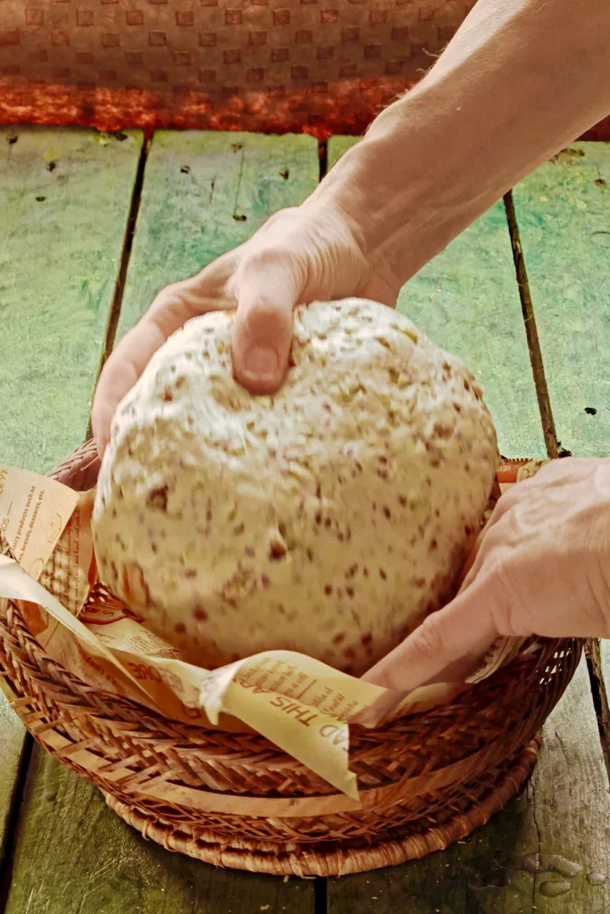 Two hands place the kneaded chestnut bread dough as a ball of dough in a proofing basket lined with baking paper. The proofing basket is standing on a green wooden table.