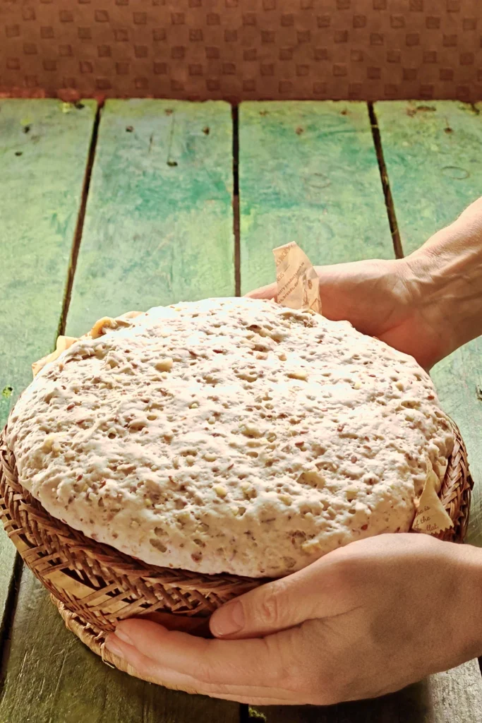 Two hands hold the proofing basket. The chestnut bread dough has risen high. The proofing basket is standing on a green wooden table.