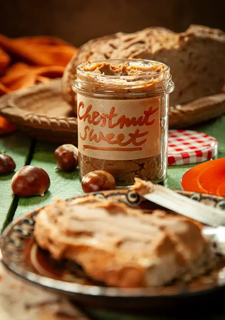 The snack is served on a green wooden table: a loaf of bread with créme de marrons. The bread is on a brown plate. Behind it is a jar of créme de marrons. A label on the jar reads "Chestnut sweet. In the background is a flat wooden bowl with a sliced loaf of bread and an orange linen kitchen towel. Scattered around are fresh chestnuts in their shells.