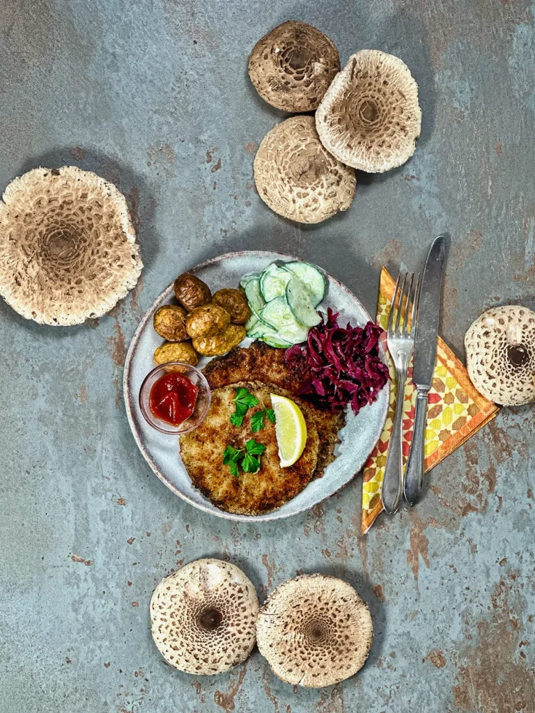 Beautifully plated parasol schnitzel presented with side dishes 