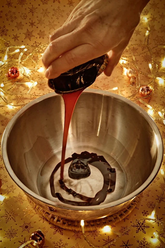 A hand adds sugar root molasses to the coconut fat, into a stainless steel bowl. A string of lights shines in the background, and a few small Christmas tree baubles are scattered about. The light background has a festive gold star motif.