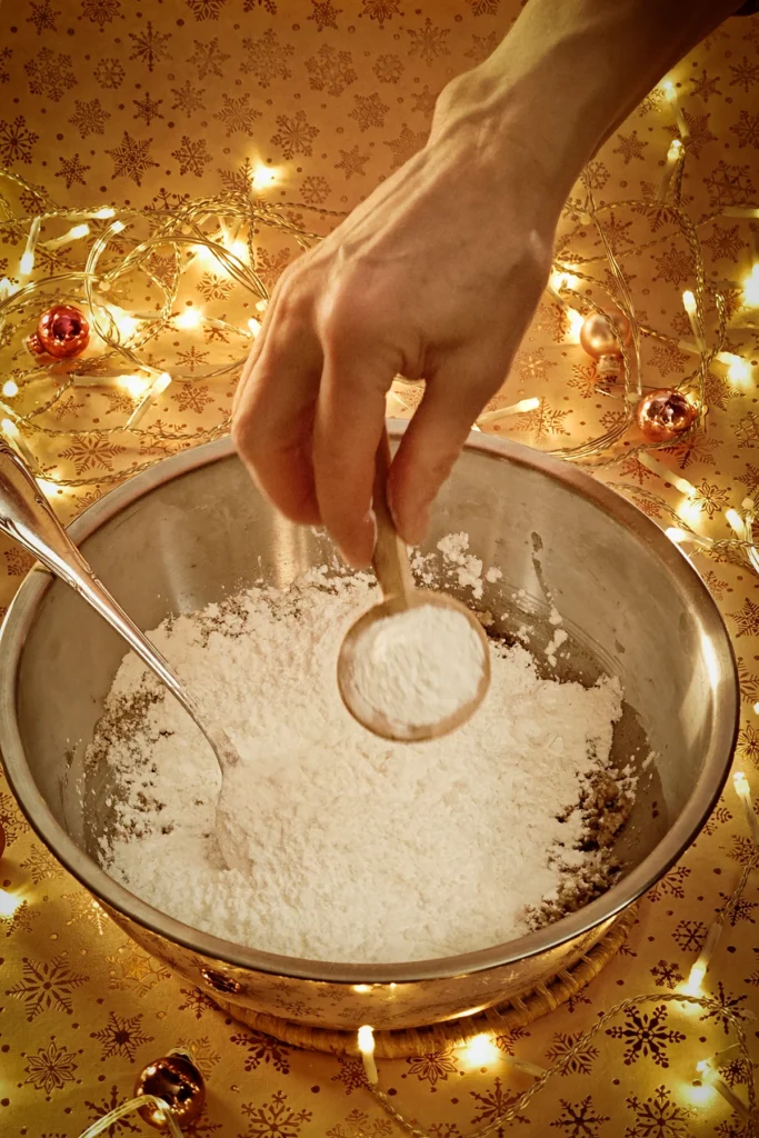 A hand adds baking powder from a wooden spoon to the stainless steel bowl. A string of lights shines in the background, and a few small Christmas tree baubles are scattered about. The light background has a festive gold star motif.