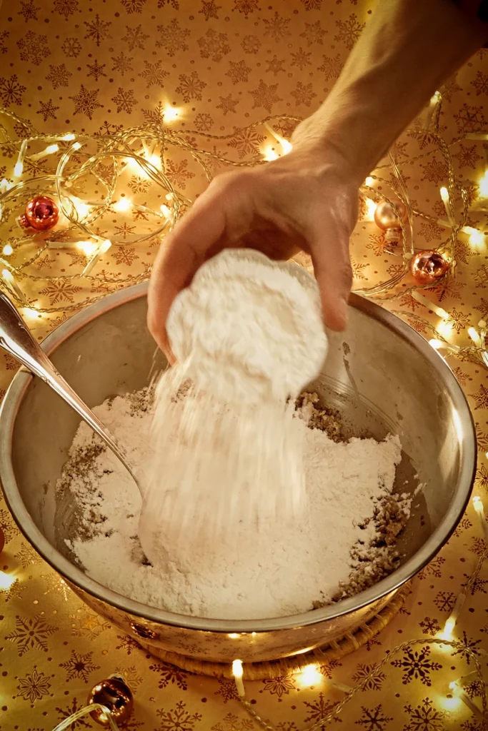 A hand adds flour from a bowl to the stainless steel bowl. A string of lights shines in the background, and a few small Christmas tree baubles are scattered about. The light background has a festive gold star motif.