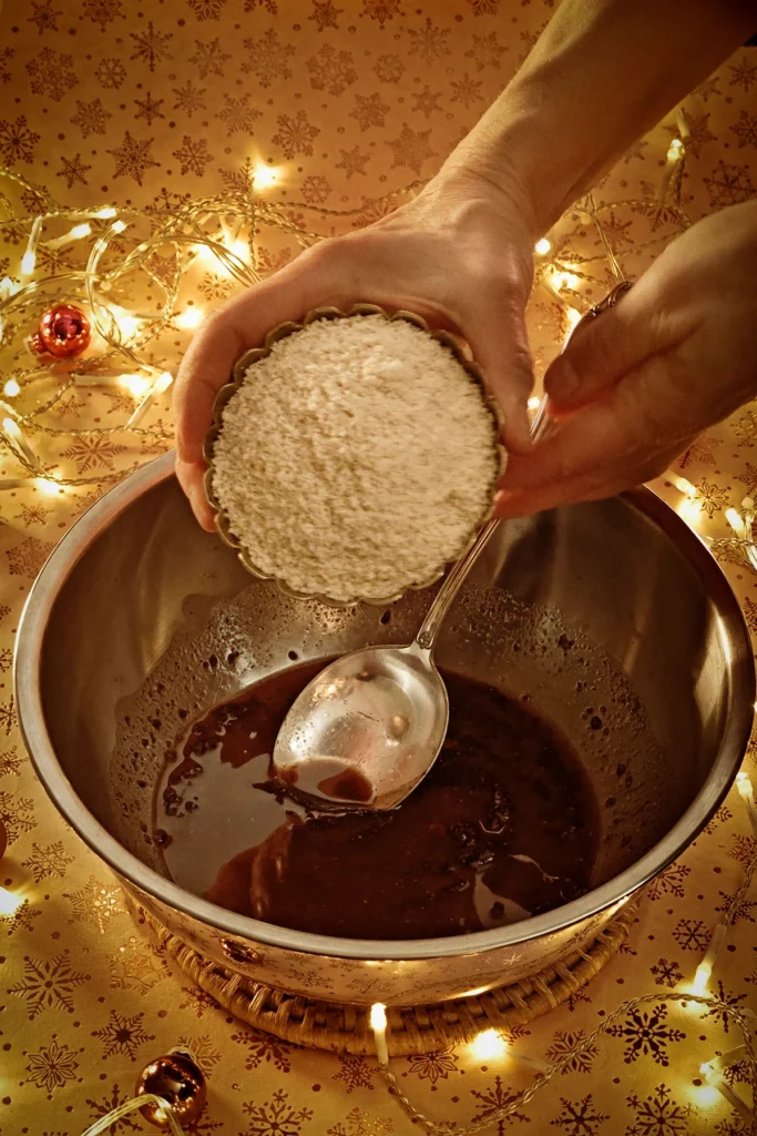 Hand add ground almonds from a metal bowl to the stainless steel bowl. A string of lights shines in the background, and a few small Christmas tree baubles are scattered about. The light background has a festive gold star motif.