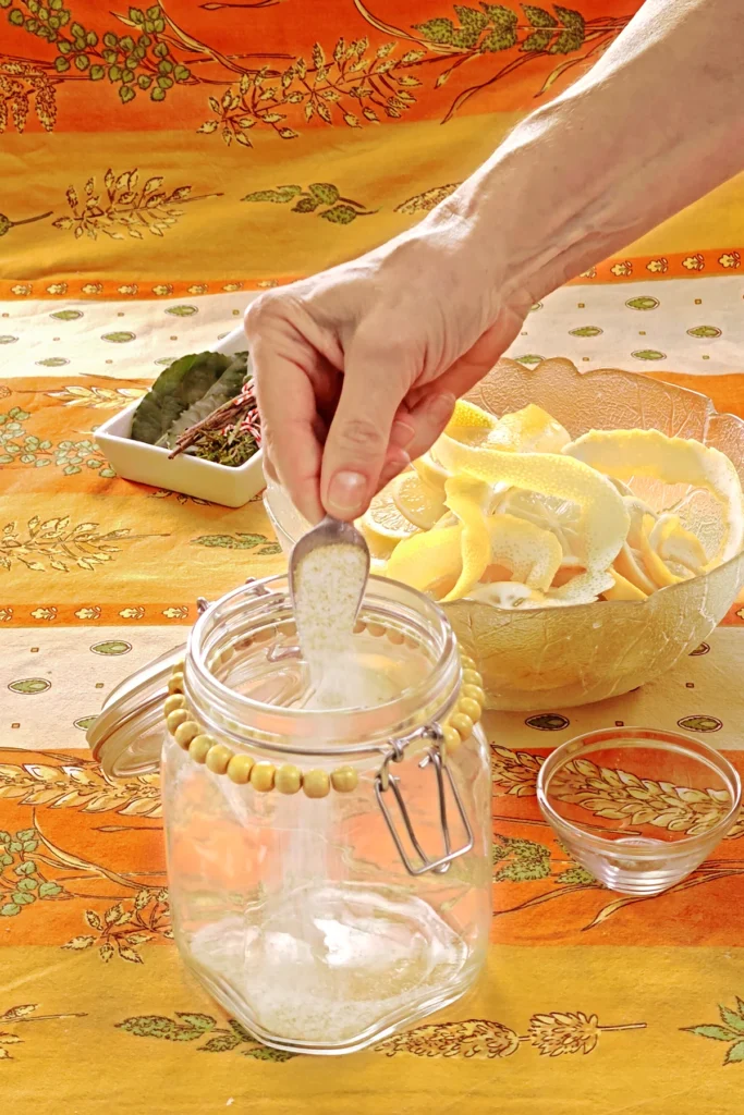 A hand starts filling the preserving jar with the salt and sugar mixture from a spoon. Next to it is a small bowl that will be used as a weight to press the lemon slices together in the end. Behind the jar is a glass bowl with lemon slices and white bowl with herbs - all set on an orange tablecloth with wheat and oat straw motifs.