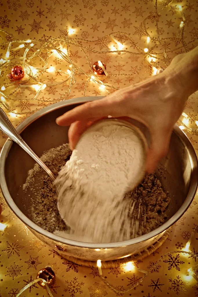 A hand adds starch to the mixture in the stainless steel bowl. A string of lights shines in the background, and a few small Christmas tree baubles are scattered about. The light background has a festive gold star motif.