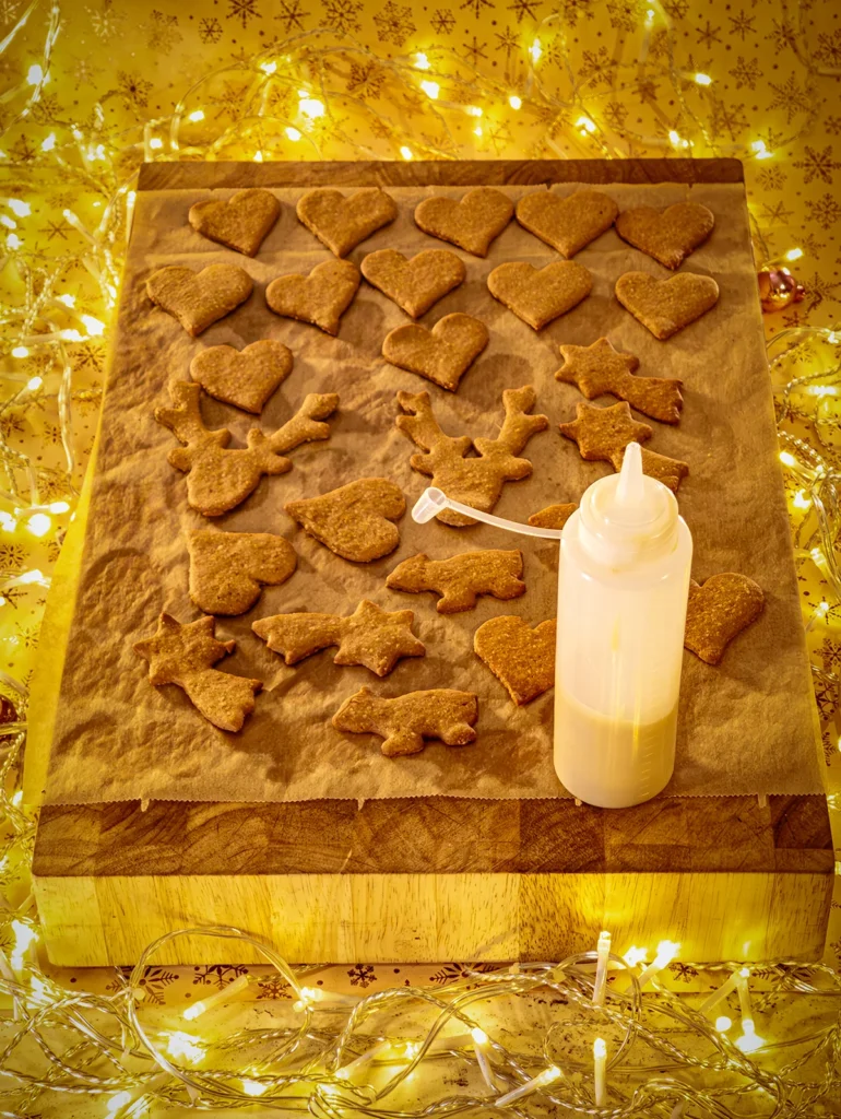 The gingerbread cookies are ready to be decorated, all on baking paper, and a sauce bottle with a plastic piping nozzle for icing stands in front of them. There is a string of lights around it and a few small Christmas tree baubles scattered about.