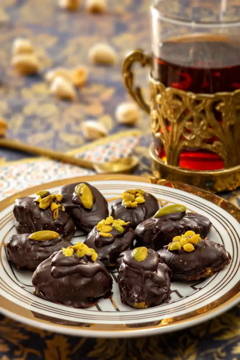 A plate of homemade Dubai-style chocolate truffles, coated in dark chocolate and topped with pistachio halves and chopped pistachios. The truffles are served on a golden striped plate, placed on a rich, gold-patterned tablecloth. In the background, a glass of tea in a golden holder is to be seen behind. Scattered pistachios and a decorative napkin and a golden spoon complete the inviting scene.