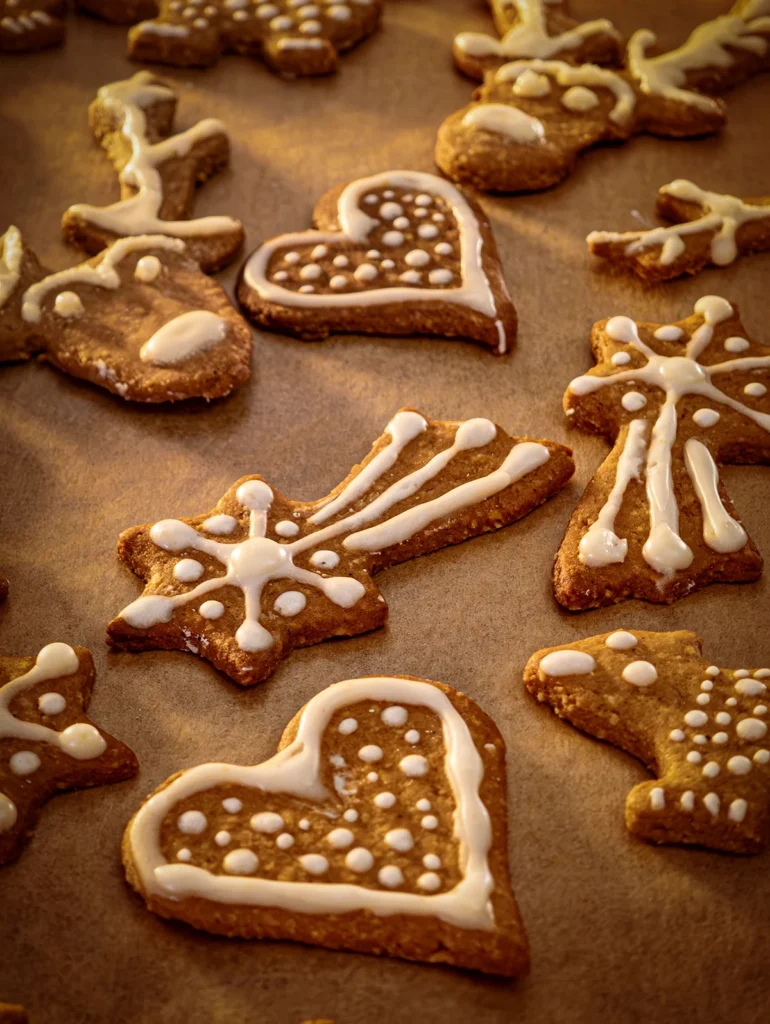 The gingerbread cookies are ready decorated, the icing still has to dry.