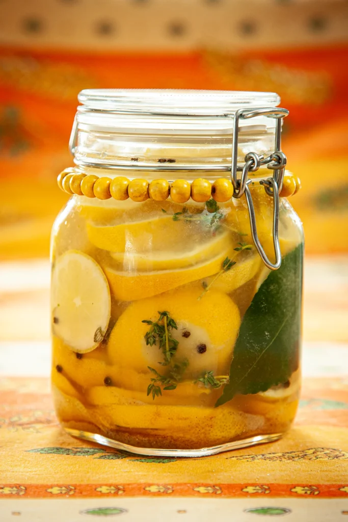 Close-up of a closed preserving jar with lemon slices and herbs. The jar stands on a patterned orange and yellow tablecloth.