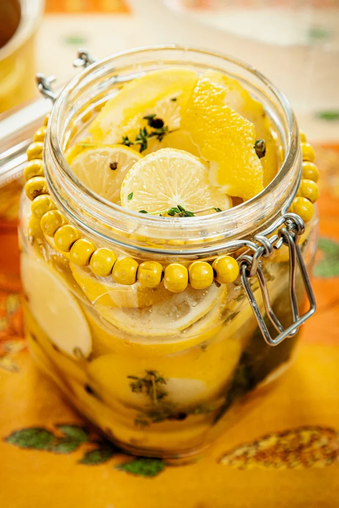 Close-up of an opened preserving jar with lemon slices and herbs. The jar stands on a patterned orange and yellow tablecloth.