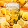 On an orange tablecloth with wheat and oat straw motifs stands a preserving jar with the lemon slices inside. Behind it is a yellow bowl with organic lemons. Around it are lemons, in the foreground a halved lemon peel and a piece of curling lemon peel.