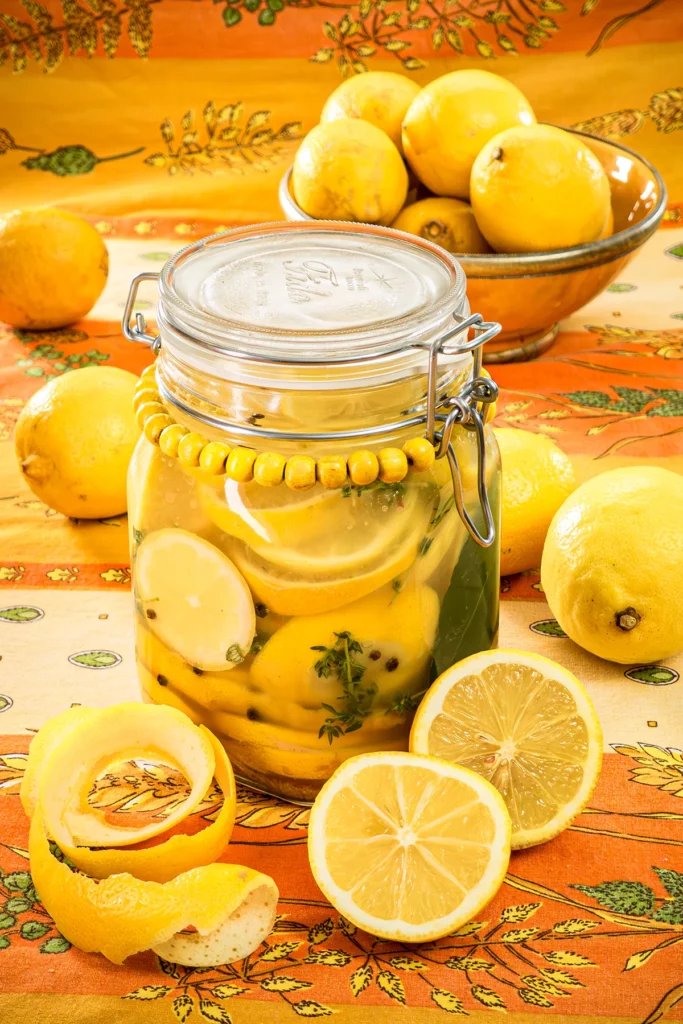 On an orange tablecloth with wheat and oat straw motifs stands a preserving jar with the lemon slices inside. Behind it is a yellow bowl with organic lemons. Around it are lemons, in the foreground a halved lemon peel and a piece of curling lemon peel.