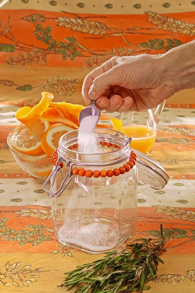 A hand starts filling the preserving jar with the salt/sugar mixture from a spoon. Behind the jar is a glass bowl with more orange slices, a jug with orange juice and a rosmarin twig, all set on an orange tablecloth with wheat and oat straw motifs.