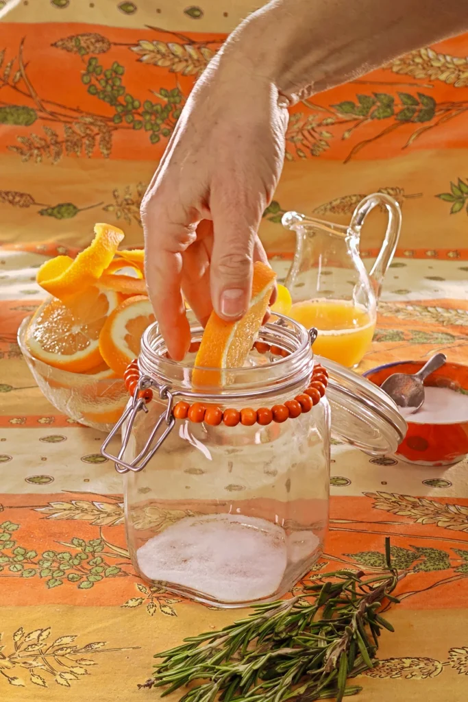 A hand is filling the preserving jar with an orange slice . Behind the jar is a glass bowl with more orange slices, a jug with orange juice and a bowl with the salt and sugar mixture, all set on an orange tablecloth with wheat and oat straw motifs.