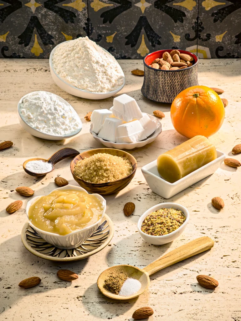 Ingredients for vegan almond biscotti with orange and marzipan arranged on a light-coloured travertine stone kitchen counter. Flour, almonds, marzipan, fresh oranges, brown sugar, apple puree and spices are beautifully presented and ready for baking. Almonds are scattered around the bowls. grey patterned tiles on the wall in the background.