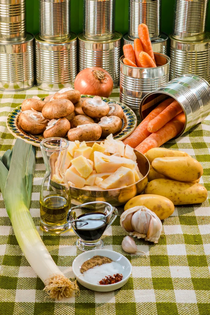 Fresh ingredients for a savory jackfruit pie displayed on a green checkered tablecloth. The image features jackfruit, cremini mushrooms, carrots, potatoes, leek, vegetable onion, garlic, olive oil, soy sauce, and spices. Some vegetables are arranged in tin cans, emphasizing a rustic and creative approach to cooking. Empty, shiny silver tins in the background are reminiscent of the pie's creator, the tin shape.