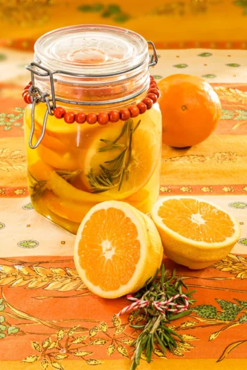 On an orange tablecloth with wheat and oat straw motifs stands a preserving jar with the preserved oranges inside. Behind it is organic orange. In the foreground are two halved peeled oranges peel and a twig of rosmarin.