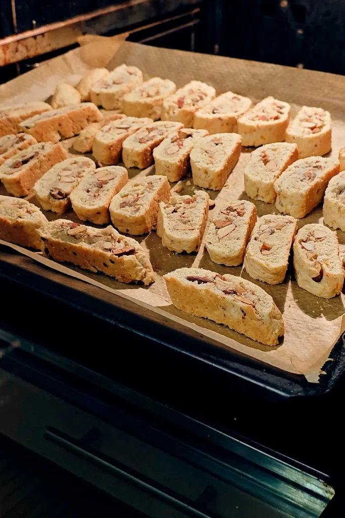 A look the open oven on the baking tray with the slices of vegan almond biscotti with orange and marzipan.