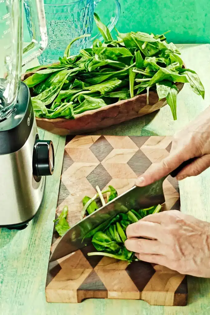 Freshly harvested wild garlic leaves in a rustic wooden bowl. Two hands with a large knife are chopping wild garlic on a wooden kitchen board.