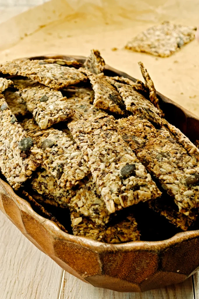 A large wooden bowl full of crispbread with seeds.