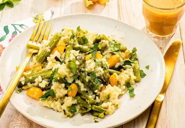 One-pot asparagus risotto served on plate.
