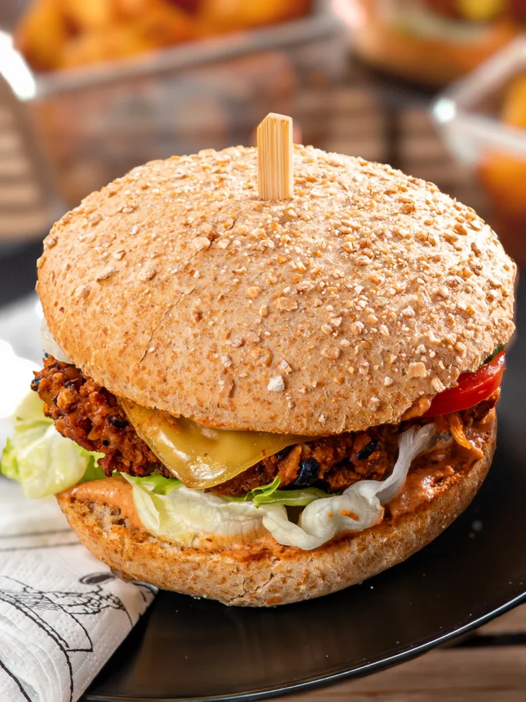 A delicious BBQ tempeh burgers is served.