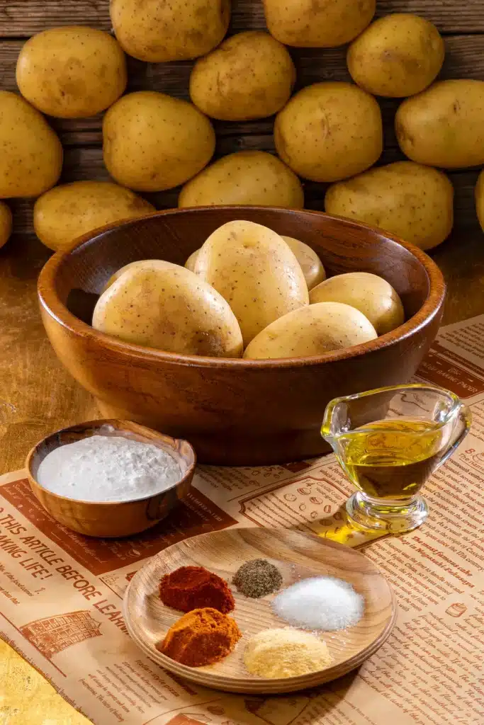 Ingredients for vegan Oven-Baked Potato Wedges, including olive oil, starch and spices.
