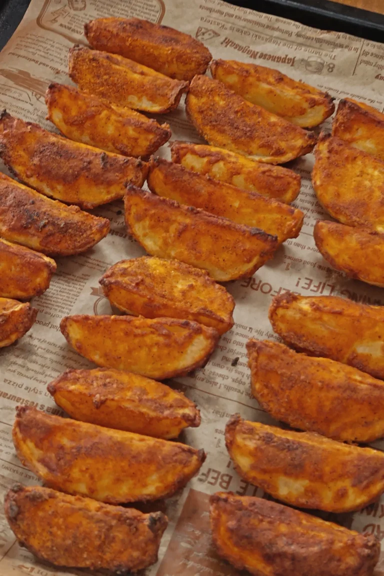A close-up of the crispy potato wedges on the baking tray.