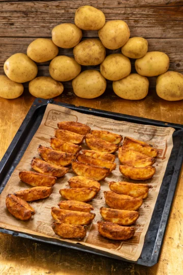 The crispy potato wedges are ready baked on the baking tray.